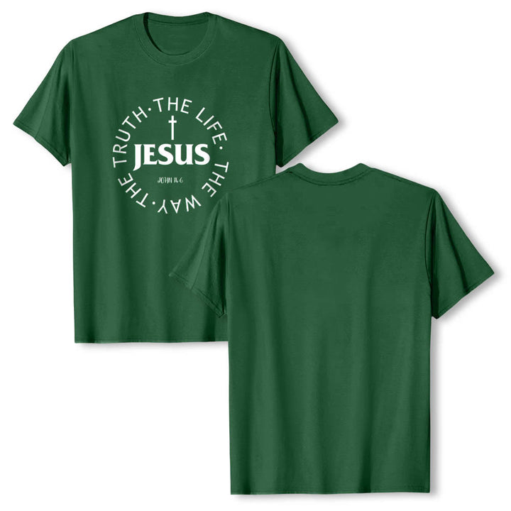 Christianartworkshop Centered Cross JESUS Circular Curved Verse Text John 14:6 Premium Short Sleeve T-Shirt - image 10
