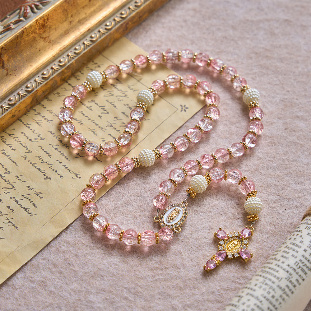 Christianartworkshop Glossy Transparent Crackle Glass Pink Tone Our Lady Accent Devotional Rosary - Pink Beads Our Lady Rosary - image 0
