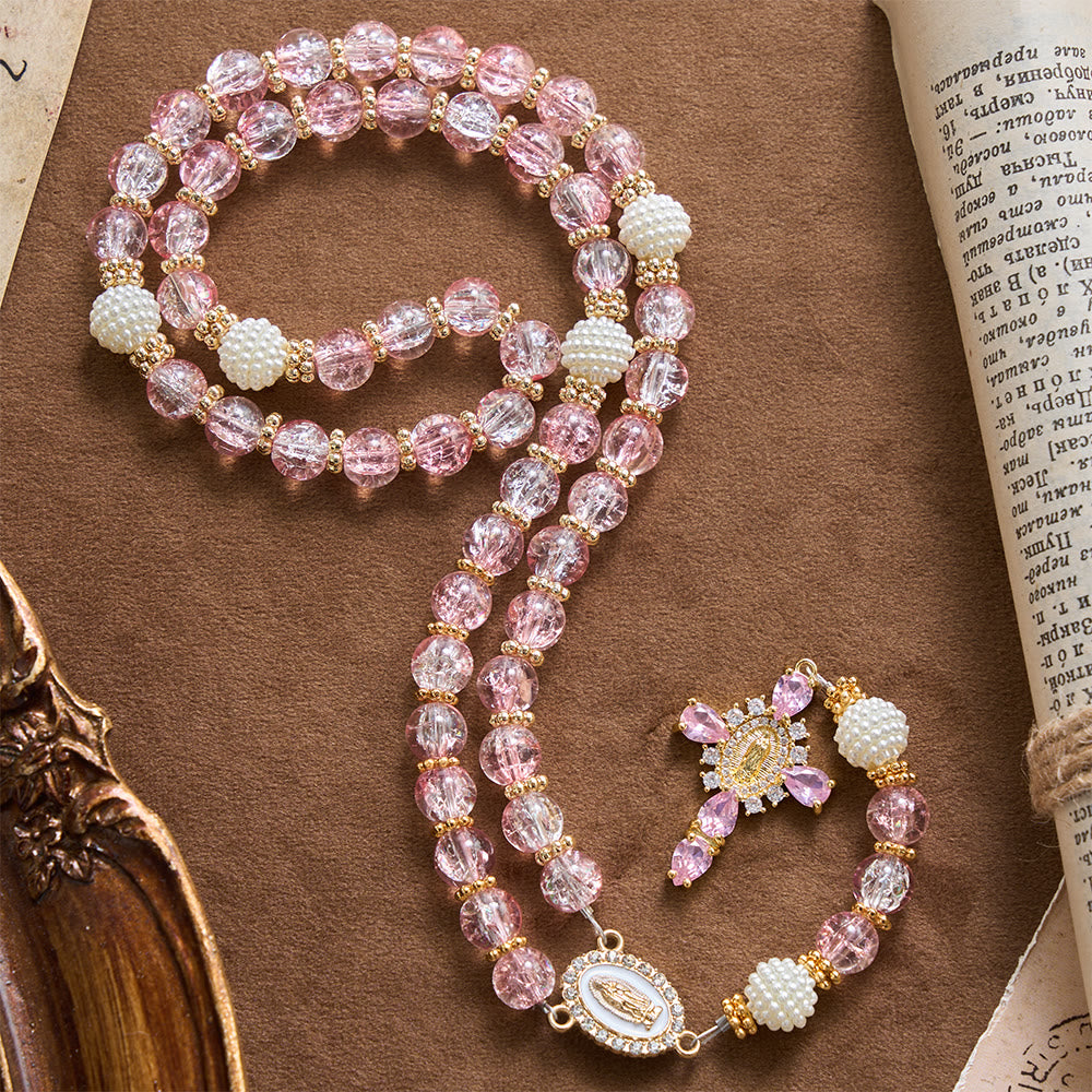 Christianartworkshop Glossy Transparent Crackle Glass Pink Tone Our Lady Accent Devotional Rosary - image 3