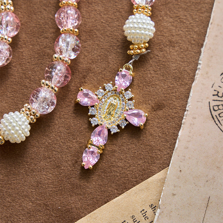 Christianartworkshop Glossy Transparent Crackle Glass Pink Tone Our Lady Accent Devotional Rosary - image 8