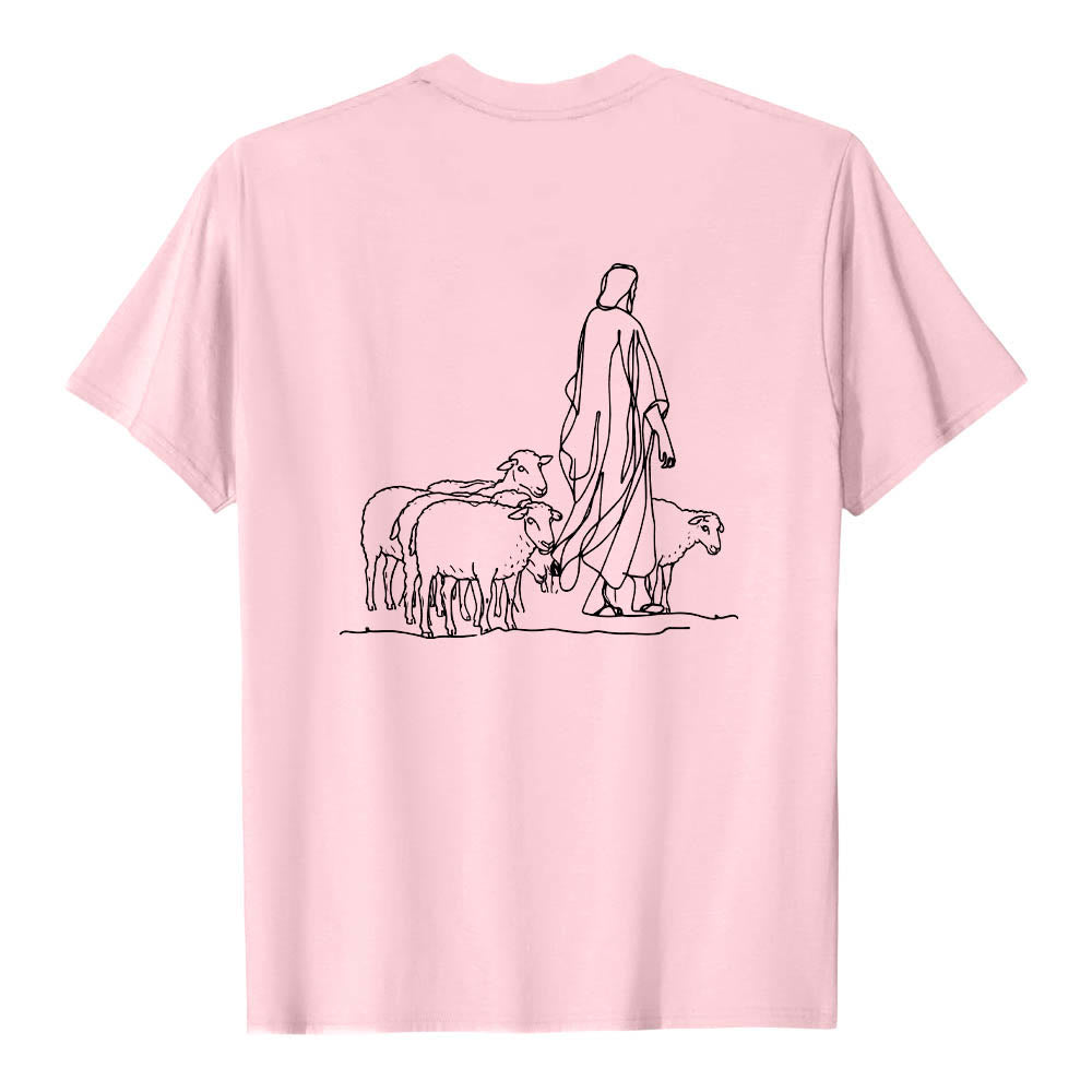 Christianartworkshop If You're Hanging On By A Thread Matthew 9:22 Front Shepherd & Sheep Drawing Back Premium Short Sleeve T-Shirt - image 26