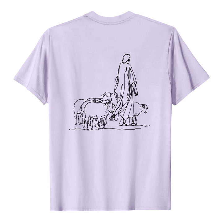 Christianartworkshop If You're Hanging On By A Thread Matthew 9:22 Front Shepherd & Sheep Drawing Back Premium Short Sleeve T-Shirt - image 14