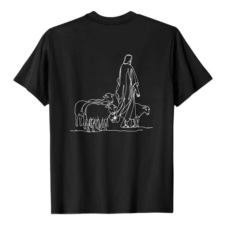 Christianartworkshop If You're Hanging On By A Thread Matthew 9:22 Front Shepherd & Sheep Drawing Back Premium Short Sleeve T-Shirt - image 17