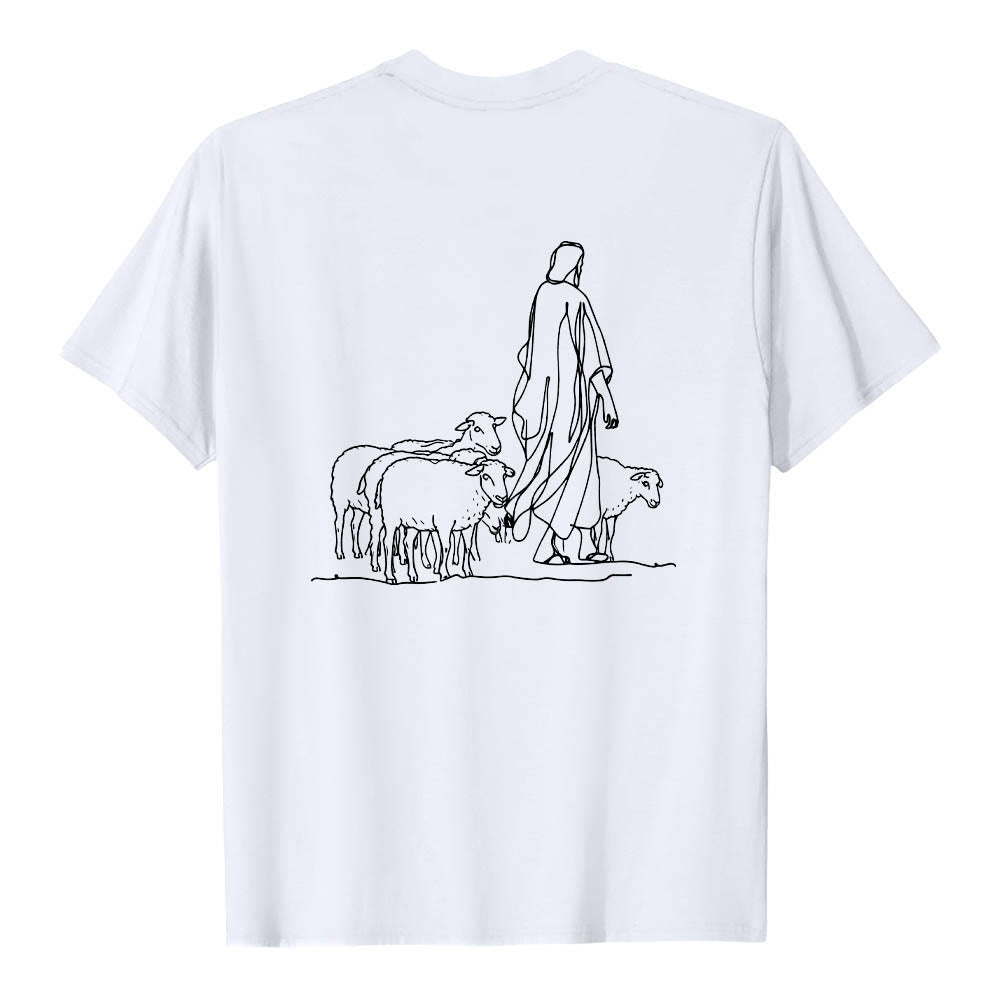 Christianartworkshop If You're Hanging On By A Thread Matthew 9:22 Front Shepherd & Sheep Drawing Back Premium Short Sleeve T-Shirt - image 5