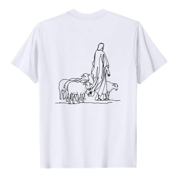 Christianartworkshop If You're Hanging On By A Thread Matthew 9:22 Front Shepherd & Sheep Drawing Back Premium Short Sleeve T-Shirt - image 5