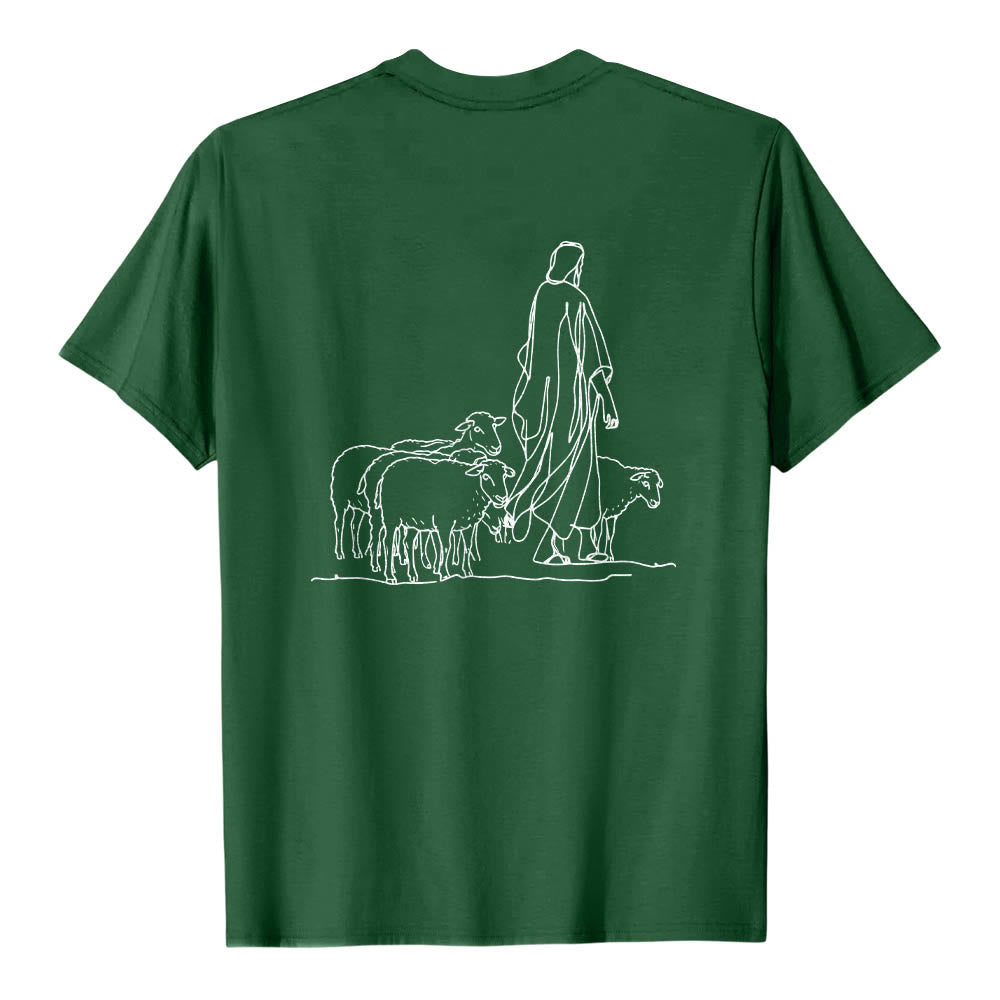 Christianartworkshop If You're Hanging On By A Thread Matthew 9:22 Front Shepherd & Sheep Drawing Back Premium Short Sleeve T-Shirt - image 8