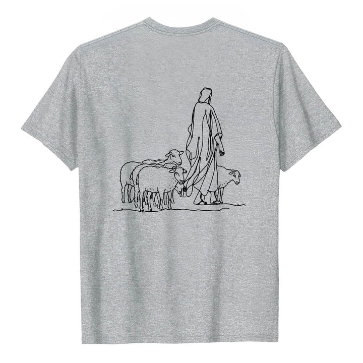 Christianartworkshop If You're Hanging On By A Thread Matthew 9:22 Front Shepherd & Sheep Drawing Back Premium Short Sleeve T-Shirt - image 2