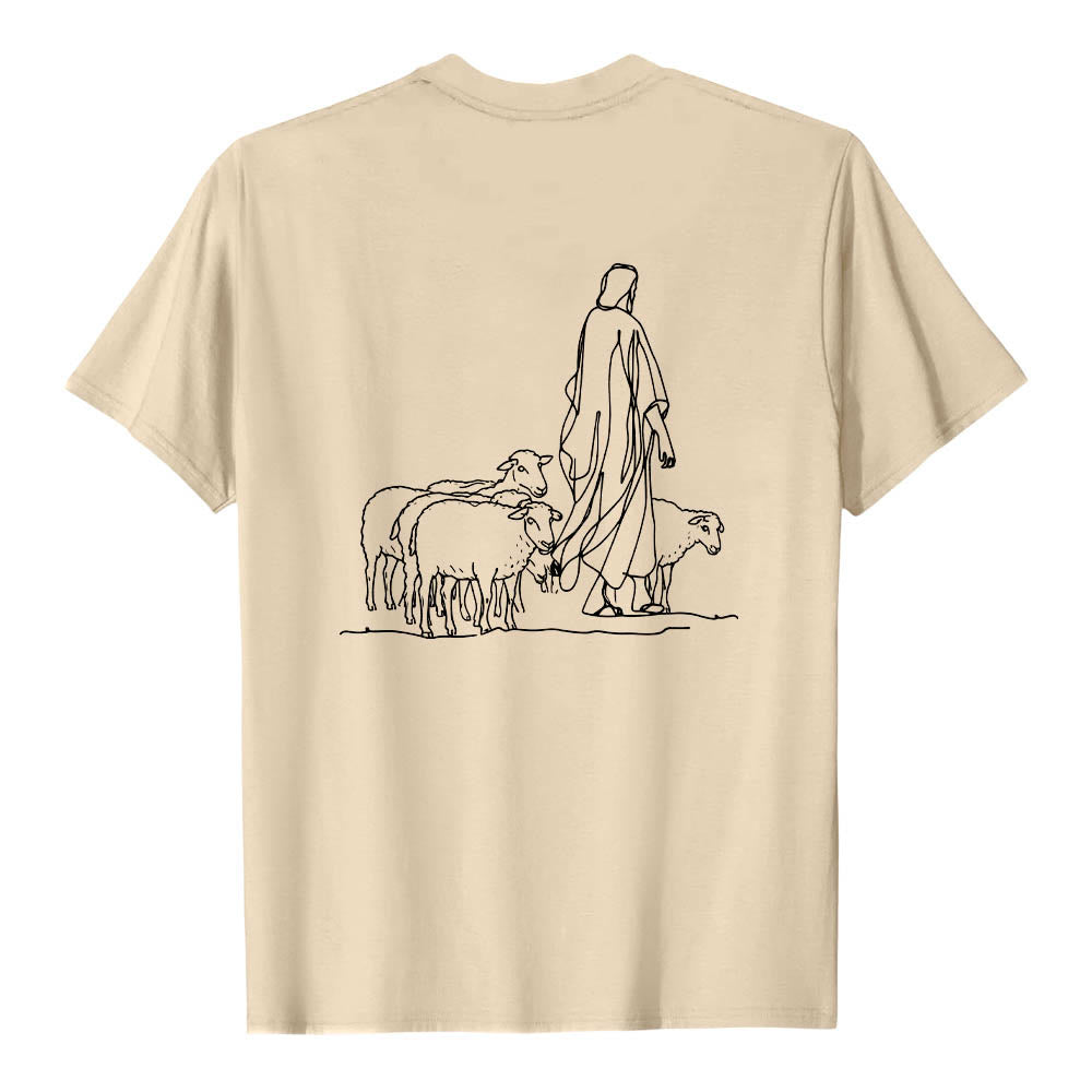 Christianartworkshop If You're Hanging On By A Thread Matthew 9:22 Front Shepherd & Sheep Drawing Back Premium Short Sleeve T-Shirt - image 20