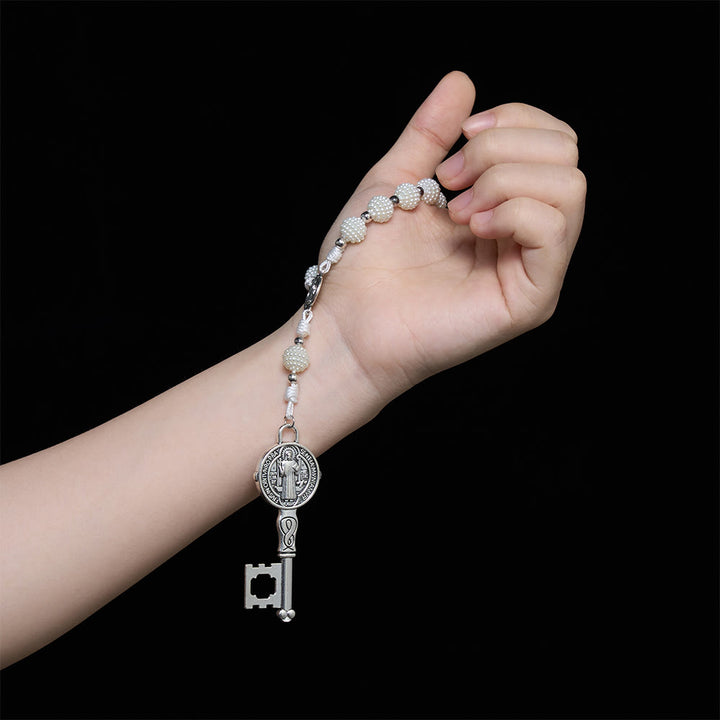 FREE Today: Pearl Cluster Bead Cord Pocket Rosary With Engraved St.Benedict Key Pendant - image 1