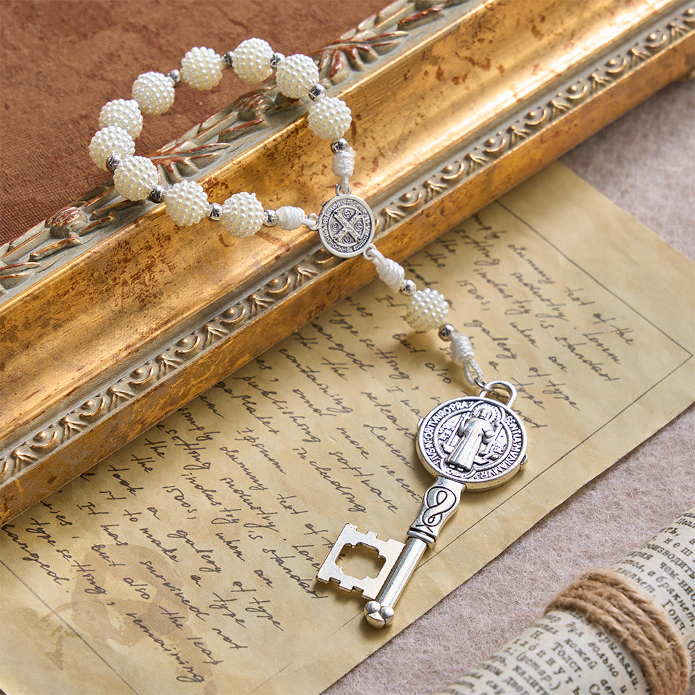 Christianartworkshop Pearl Cluster Bead Cord Pocket Rosary With Engraved St.Benedict Key Pendant - image 2
