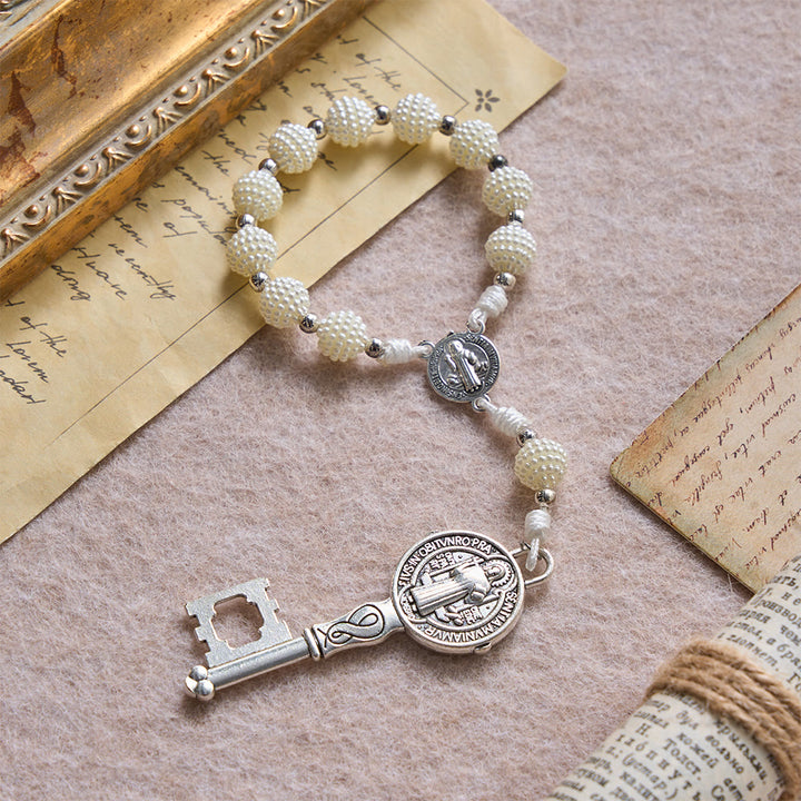 FREE Today: Pearl Cluster Bead Cord Pocket Rosary With Engraved St.Benedict Key Pendant - image 3