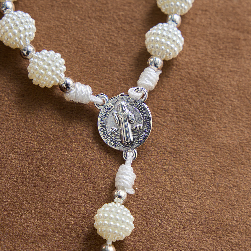 Christianartworkshop Pearl Cluster Bead Cord Pocket Rosary With Engraved St.Benedict Key Pendant - image 6