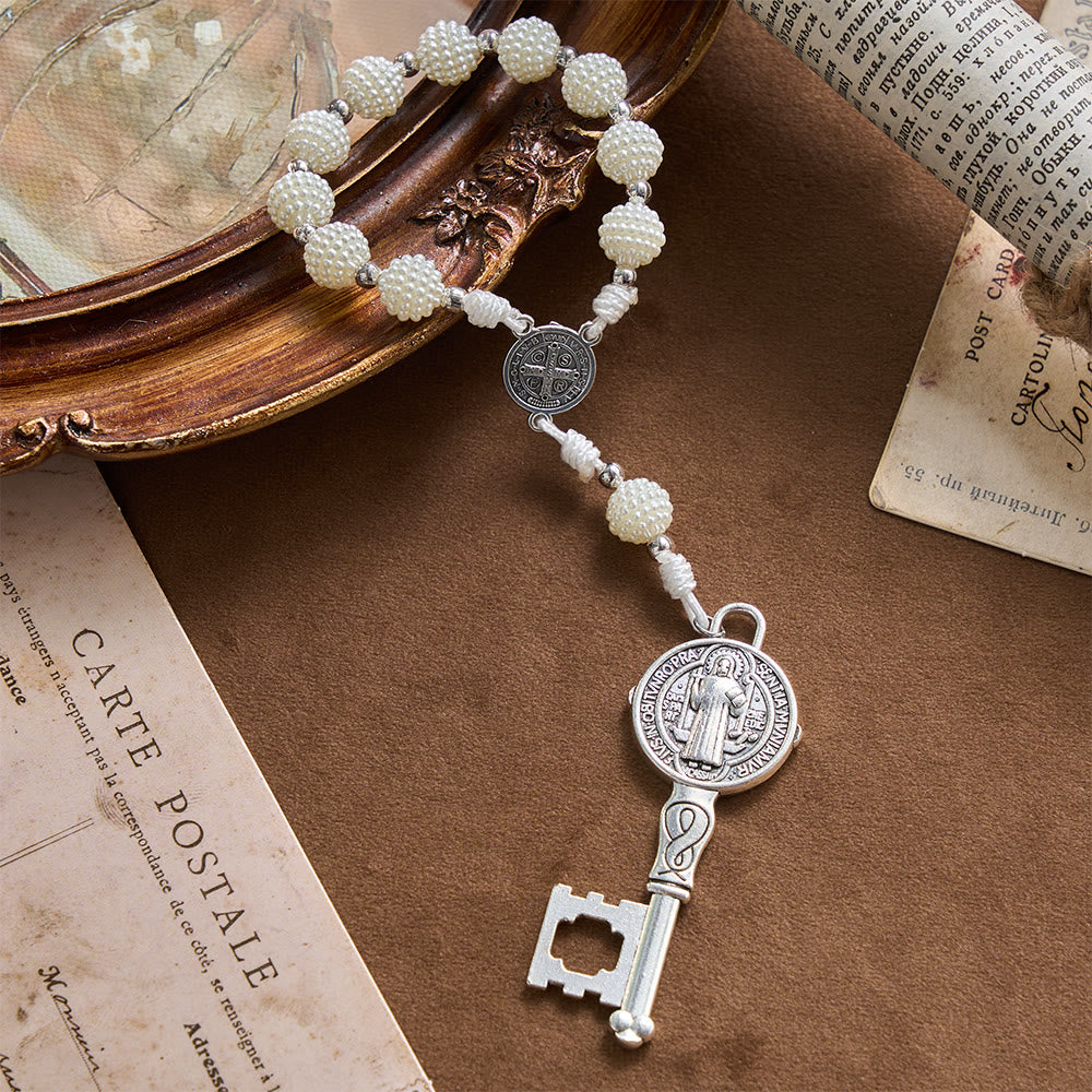 Christianartworkshop Pearl Cluster Bead Cord Pocket Rosary With Engraved St.Benedict Key Pendant - image 4