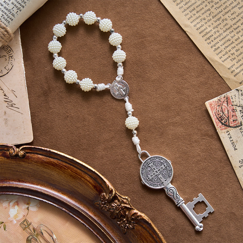 Christianartworkshop Pearl Cluster Bead Cord Pocket Rosary With Engraved St.Benedict Key Pendant - St.Benedict Pocket Rosary - image 0
