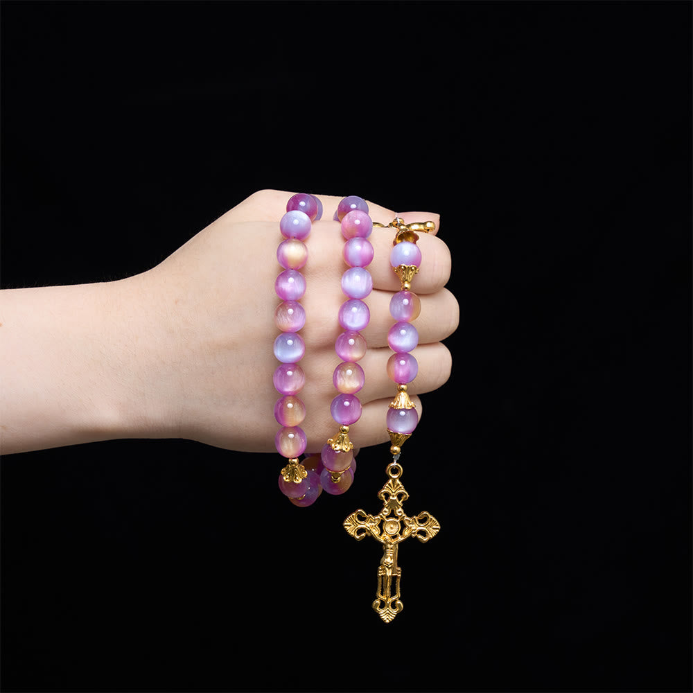 Christianartworkshop Gradient Iridescent Cat’s Eye Bead Crucifix & Arched Our Lady Prayer Rosary - image 1