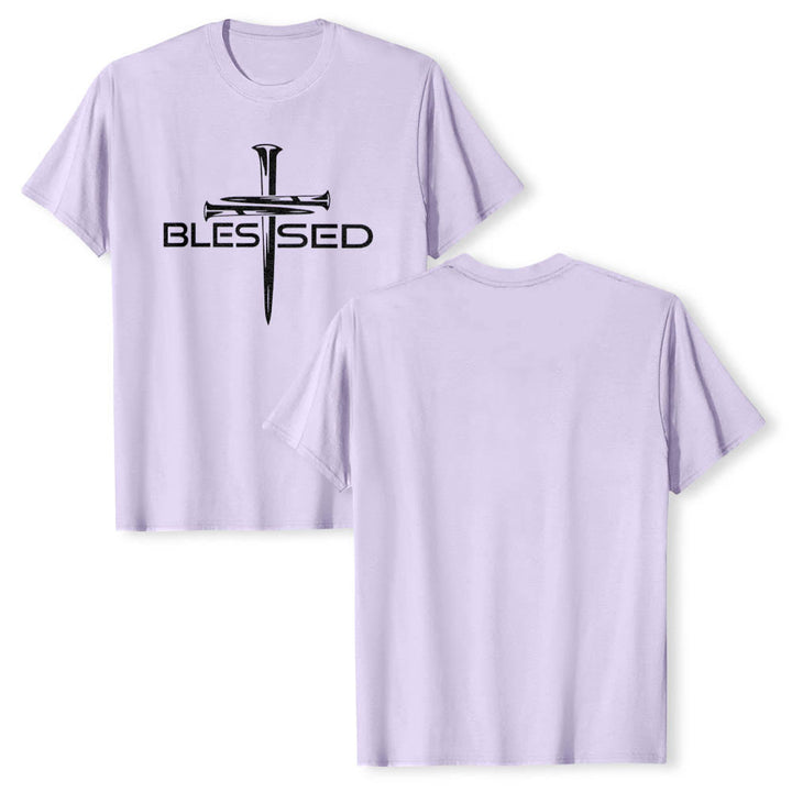 Christianartworkshop Blessed Three Nails Cross Split Bold Block Word Front Print Premium Short Sleeve T-Shirt - image 10