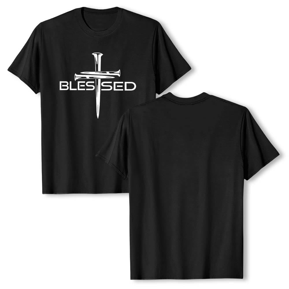 Christianartworkshop Blessed Three Nails Cross Split Bold Block Word Front Print Premium Short Sleeve T-Shirt - image 1