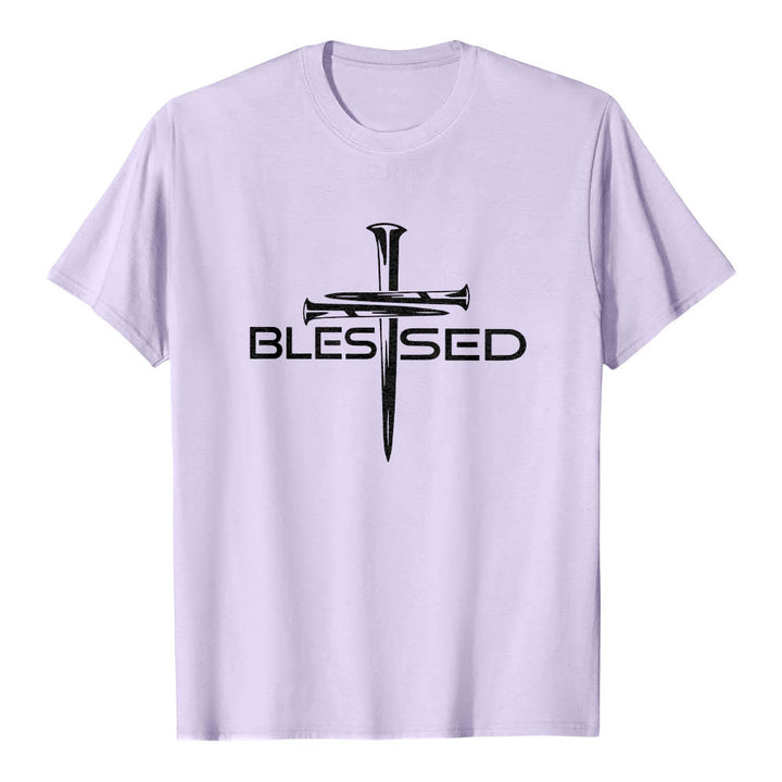 Christianartworkshop Blessed Three Nails Cross Split Bold Block Word Front Print Premium Short Sleeve T-Shirt - Purple - 2XL - image 9