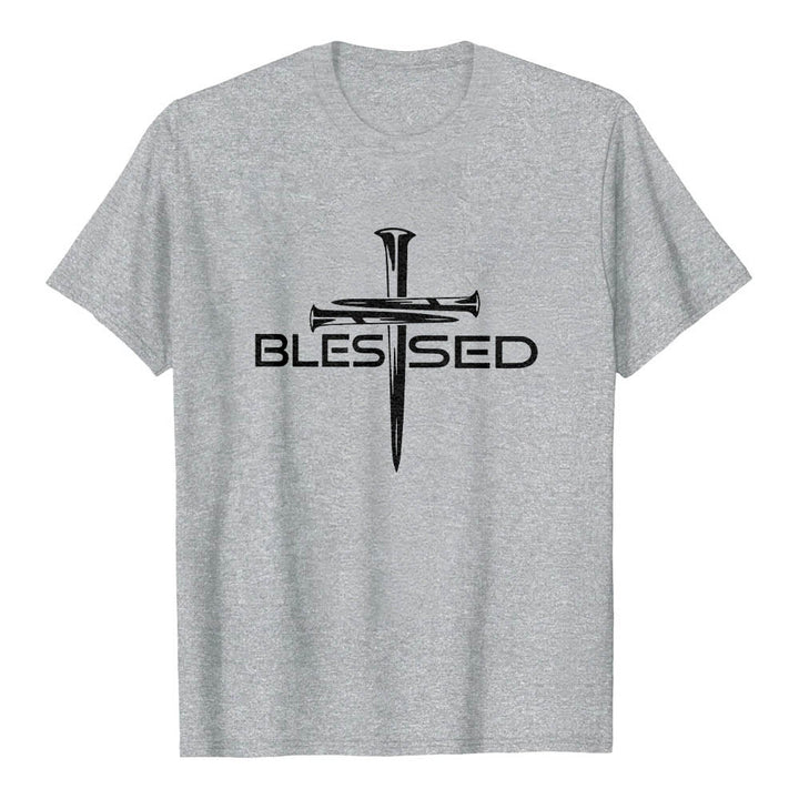 Christianartworkshop Blessed Three Nails Cross Split Bold Block Word Front Print Premium Short Sleeve T-Shirt - Grey - 2XL - image 15