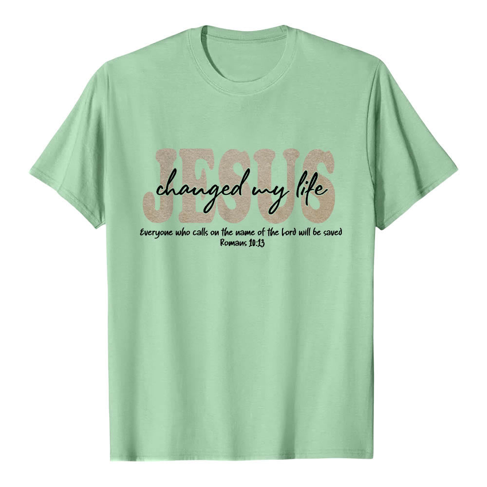 Christianartworkshop JESUS Overlay Cursive Changed My Life Romans 10:13 Triple Layer Text Premium Short Sleeve T-Shirt - Light Green - 2XL - image 21