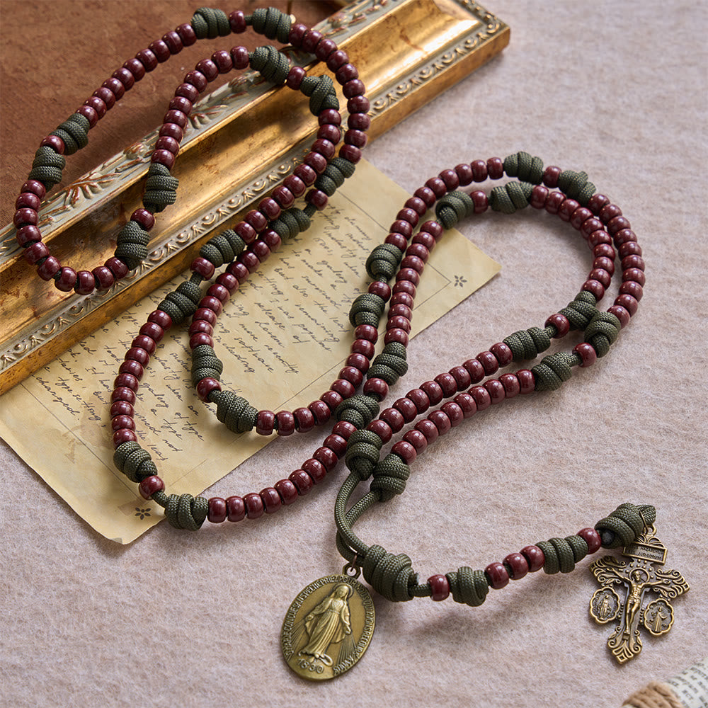 Christianartworkshop 15 Decade Paracord Brown Barrel Bead Miraculous Medal Triple Panel Crucifix Rosary - image 3