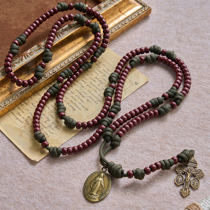 Christianartworkshop 15 Decade Paracord Brown Barrel Bead Miraculous Medal Triple Panel Crucifix Rosary - image 3