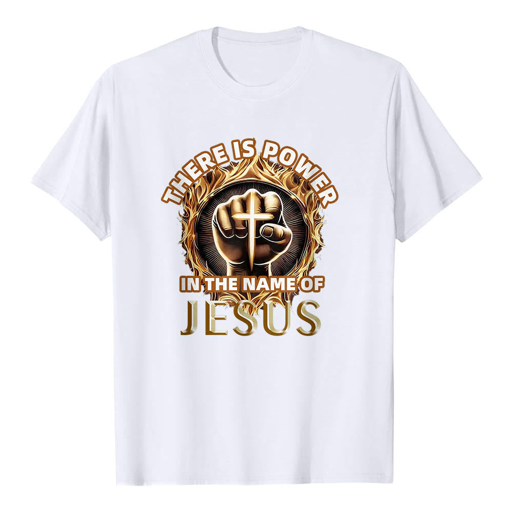 Christianartworkshop There Is Power In The Name Of Jesus Clenched Fist Cross Flame Circular Short Sleeve T-Shirt - White - 2XL - image 3
