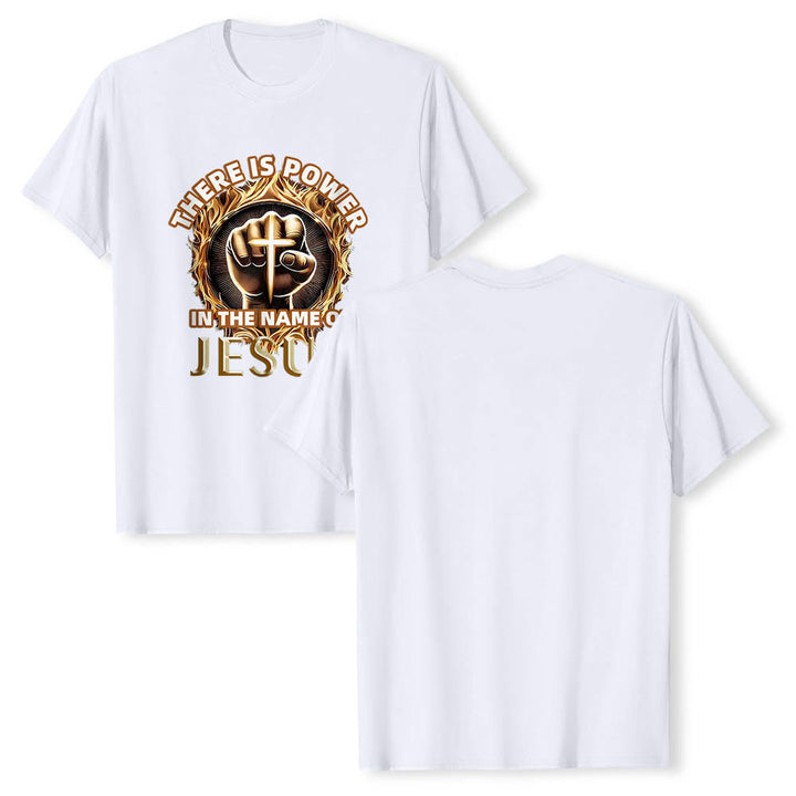 Christianartworkshop There Is Power In The Name Of Jesus Clenched Fist Cross Flame Circular Short Sleeve T-Shirt - image 4