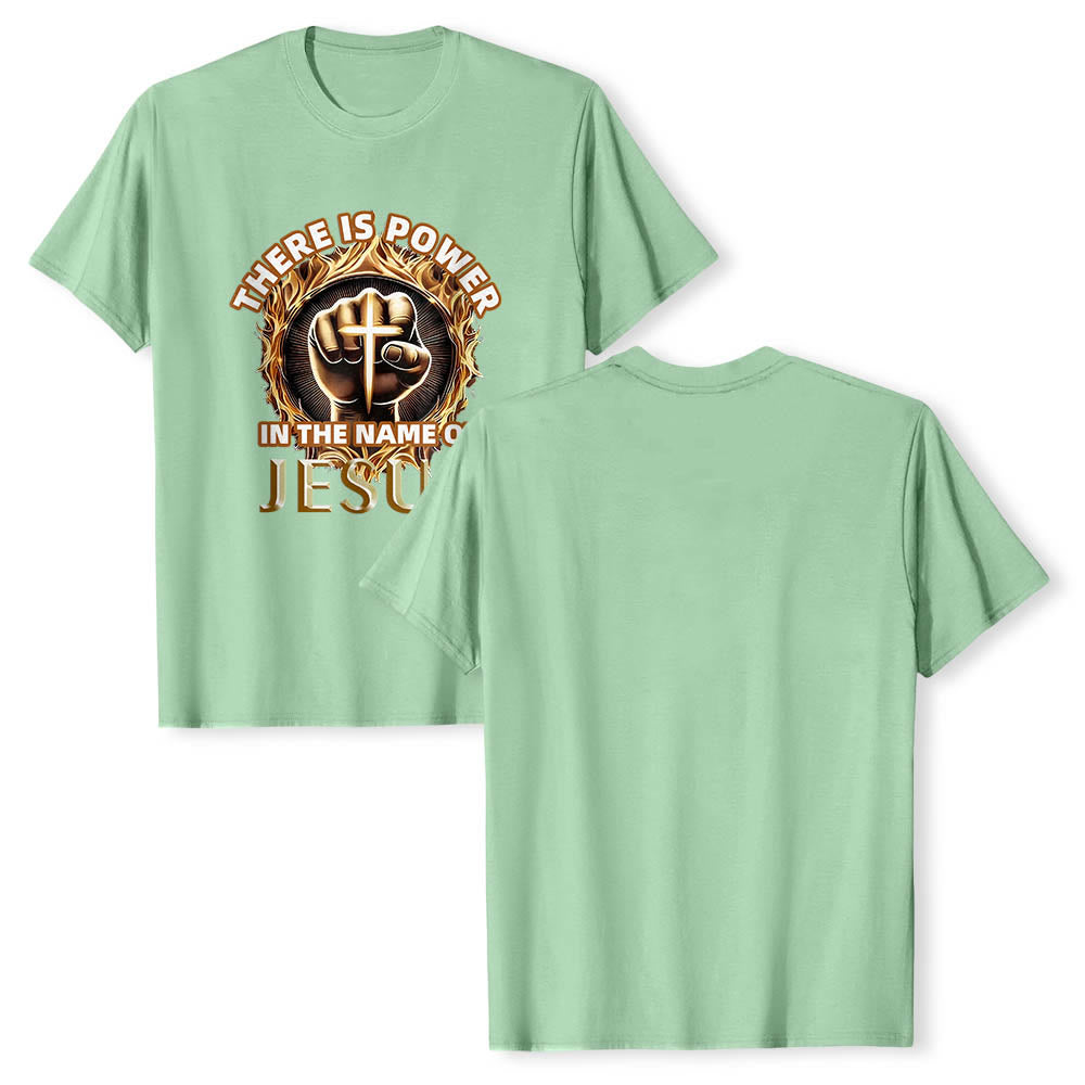 Christianartworkshop There Is Power In The Name Of Jesus Clenched Fist Cross Flame Circular Short Sleeve T-Shirt - image 22
