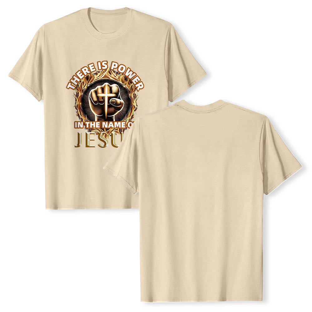 Christianartworkshop There Is Power In The Name Of Jesus Clenched Fist Cross Flame Circular Short Sleeve T-Shirt - image 19