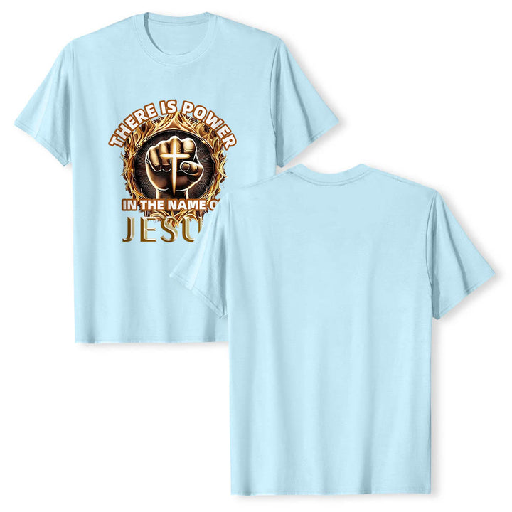 Christianartworkshop There Is Power In The Name Of Jesus Clenched Fist Cross Flame Circular Short Sleeve T-Shirt - image 10