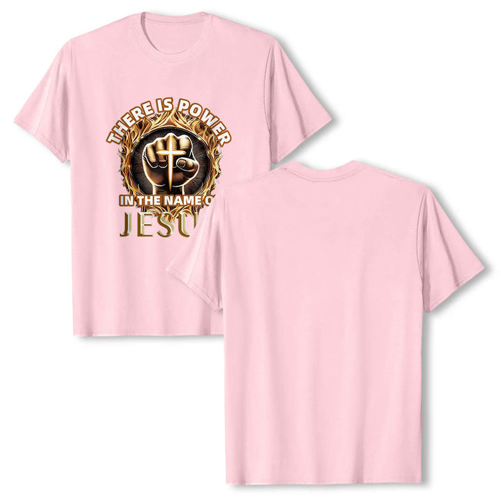 Christianartworkshop There Is Power In The Name Of Jesus Clenched Fist Cross Flame Circular Short Sleeve T-Shirt - image 25