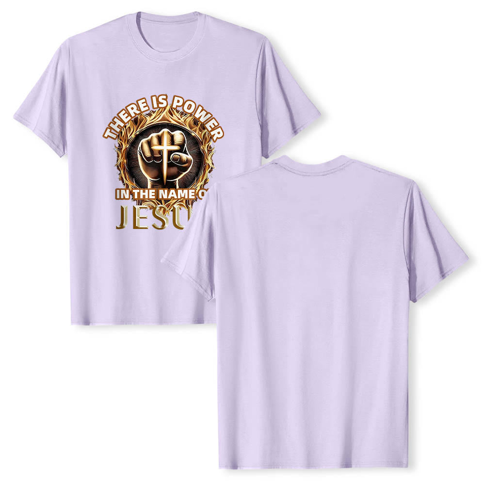 Christianartworkshop There Is Power In The Name Of Jesus Clenched Fist Cross Flame Circular Short Sleeve T-Shirt - image 13