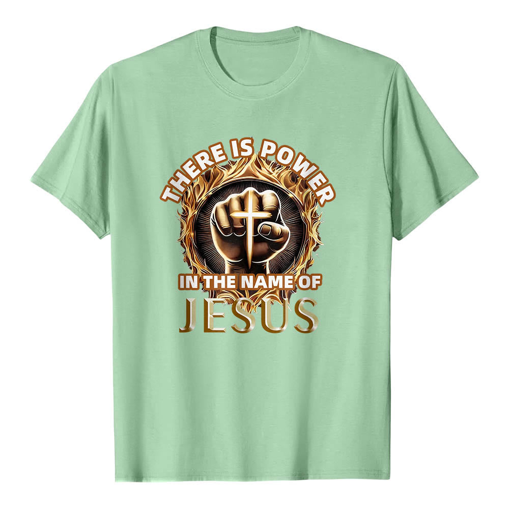 Christianartworkshop There Is Power In The Name Of Jesus Clenched Fist Cross Flame Circular Short Sleeve T-Shirt - Light Green - 2XL - image 21