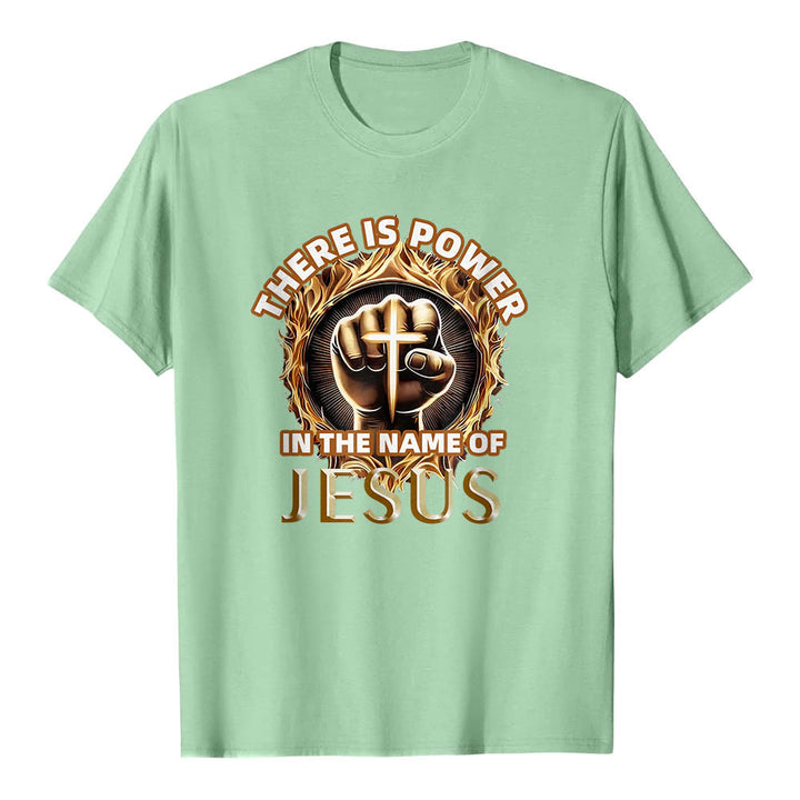 Christianartworkshop There Is Power In The Name Of Jesus Clenched Fist Cross Flame Circular Short Sleeve T-Shirt - Light Green - 2XL - image 21