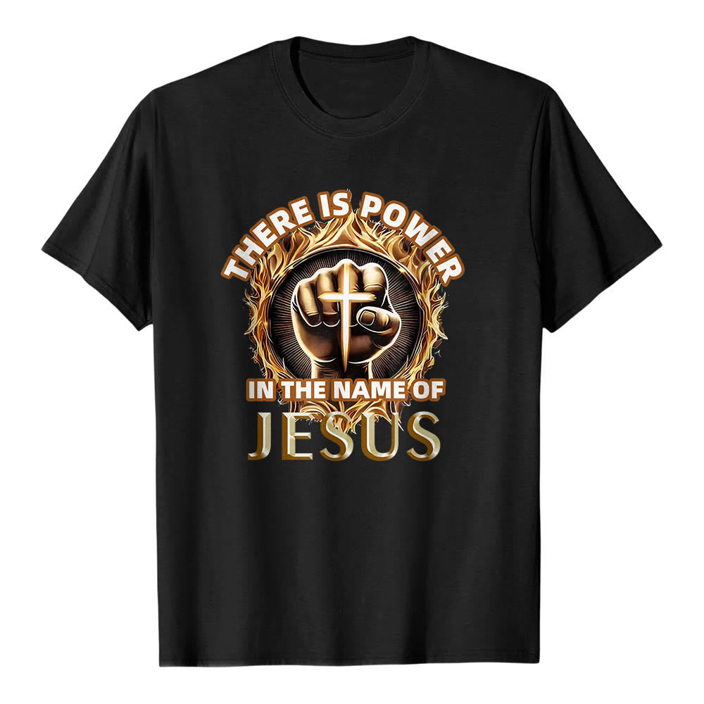 Christianartworkshop There Is Power In The Name Of Jesus Clenched Fist Cross Flame Circular Short Sleeve T-Shirt - Black - 2XL - image 6