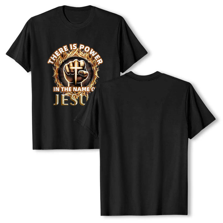 Christianartworkshop There Is Power In The Name Of Jesus Clenched Fist Cross Flame Circular Short Sleeve T-Shirt - image 7