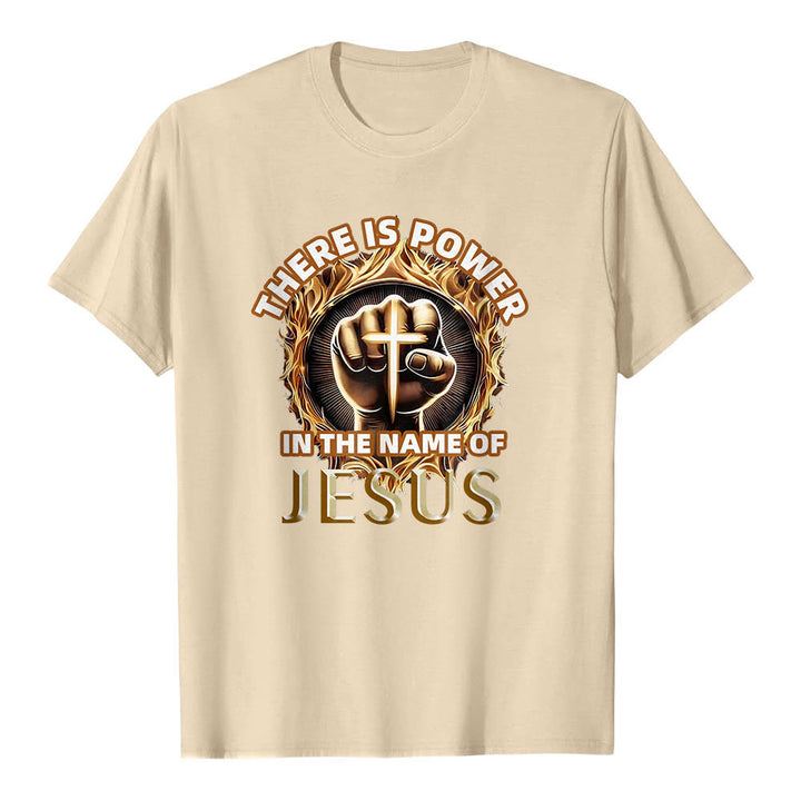 Christianartworkshop There Is Power In The Name Of Jesus Clenched Fist Cross Flame Circular Short Sleeve T-Shirt - Beige - 2XL - image 18