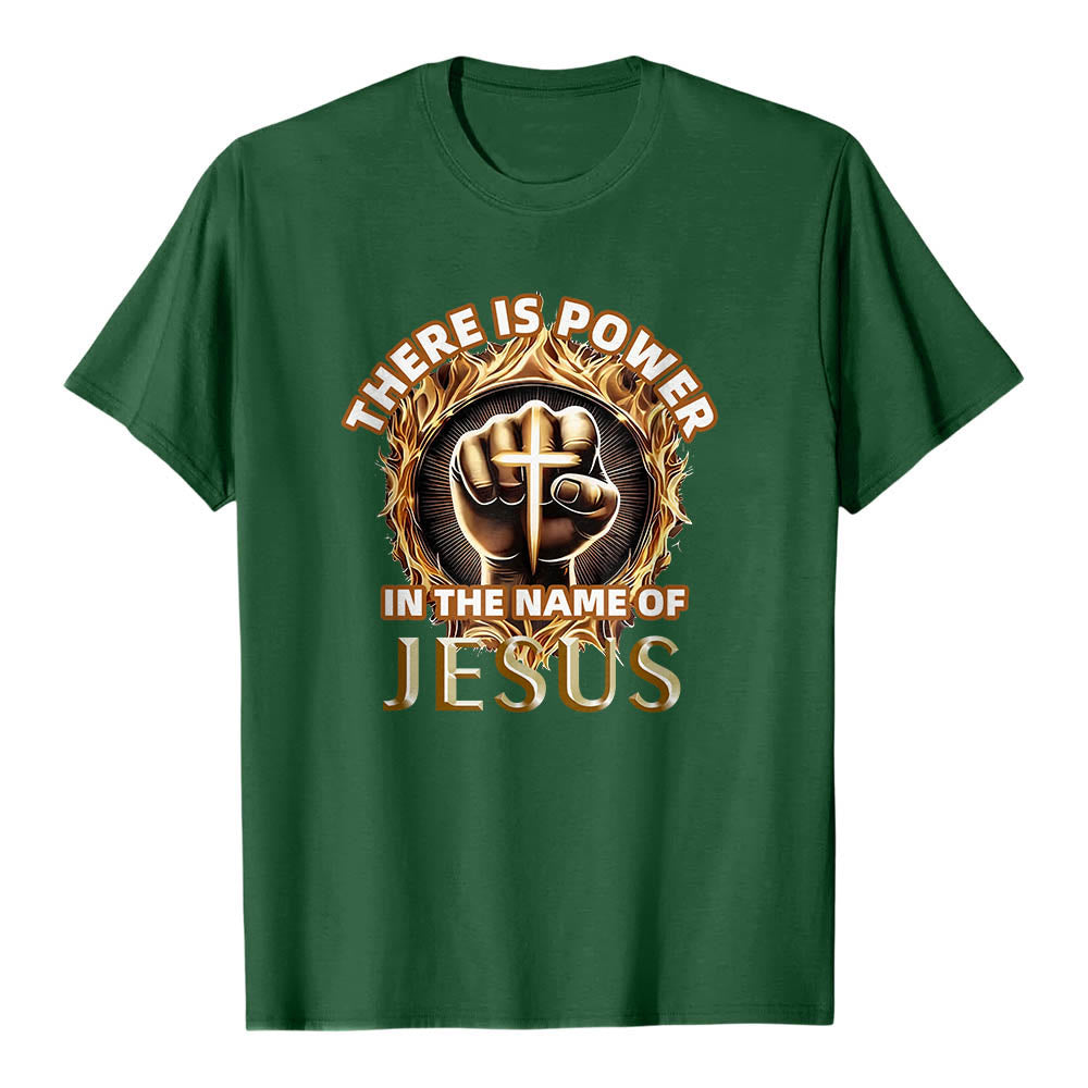 Christianartworkshop There Is Power In The Name Of Jesus Clenched Fist Cross Flame Circular Short Sleeve T-Shirt - Dark Green - 2XL - image 0