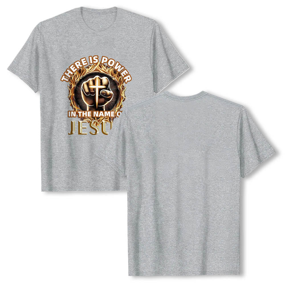 Christianartworkshop There Is Power In The Name Of Jesus Clenched Fist Cross Flame Circular Short Sleeve T-Shirt - image 16
