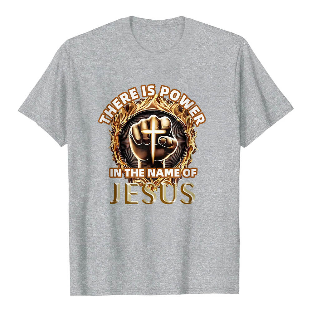 Christianartworkshop There Is Power In The Name Of Jesus Clenched Fist Cross Flame Circular Short Sleeve T-Shirt - Grey - 2XL - image 15