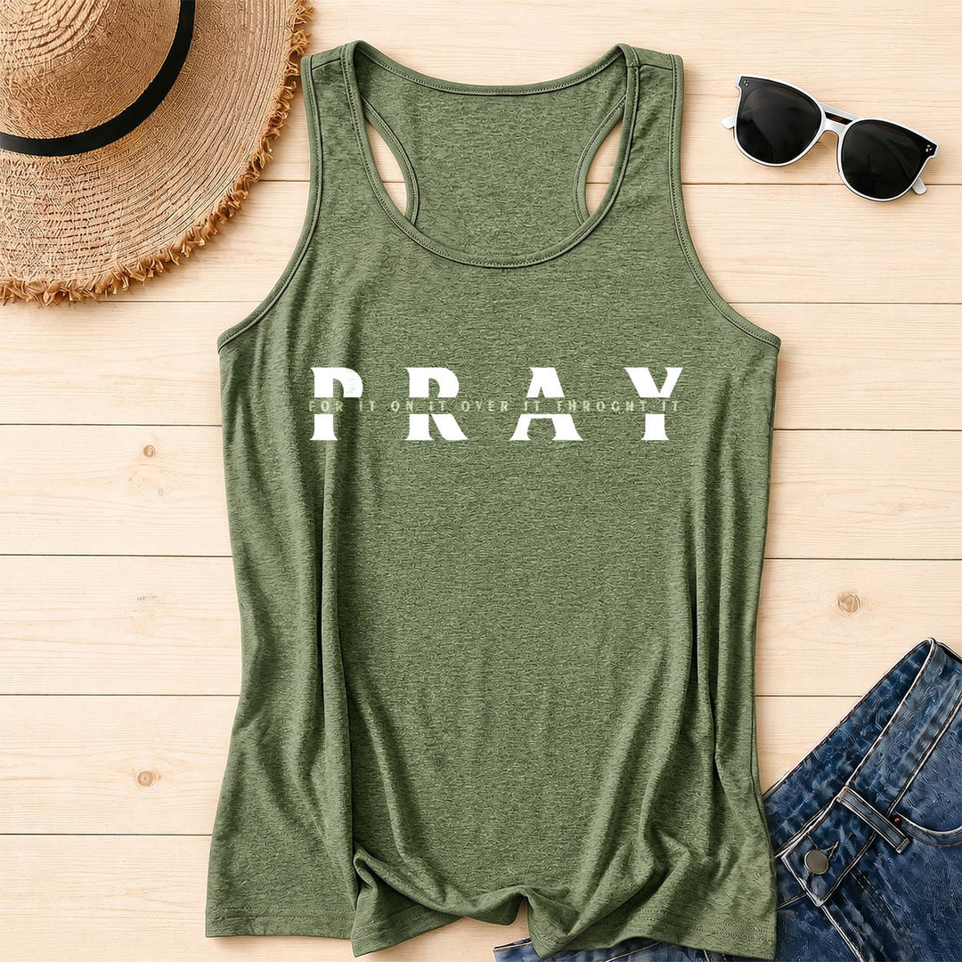 Christianartworkshop Distressed PRAY Overlaid Multi Preposition Phrase Front Print Racerback Tank Top - Olive Green - 2XL - image 16