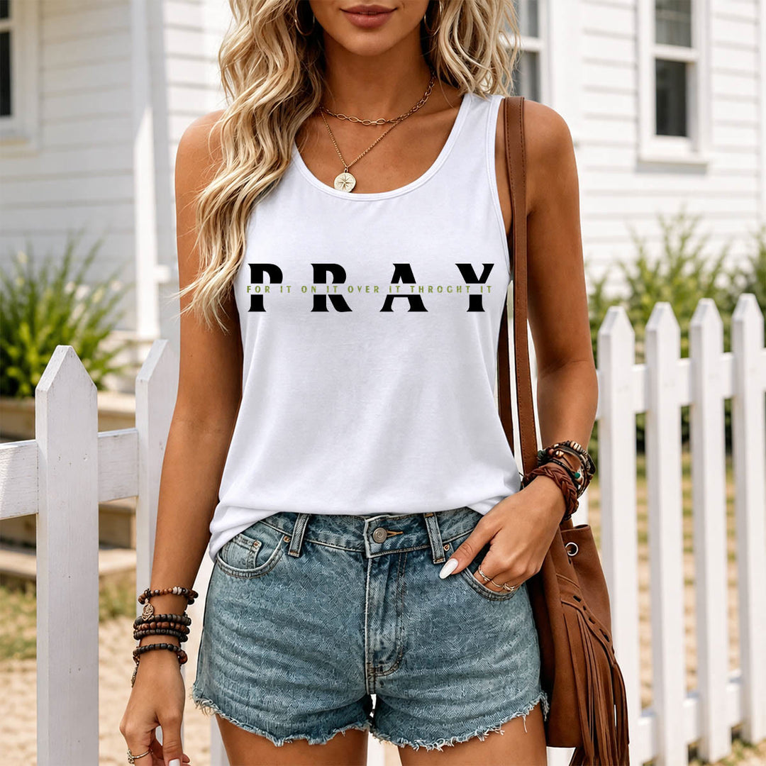 Christianartworkshop Distressed PRAY Overlaid Multi Preposition Phrase Front Print Racerback Tank Top - image 3