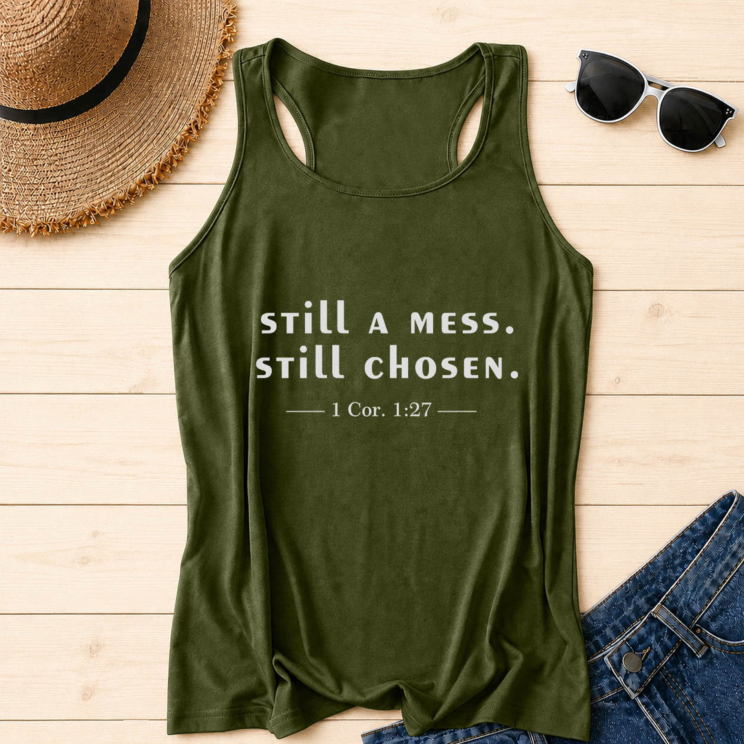 Christianartworkshop Still A Mess Still Chosen Two Line Casual Serif Verse Citation 1 Cor.1:27 Front Print Racerback Tank Top - Army Green - 2XL - image 14