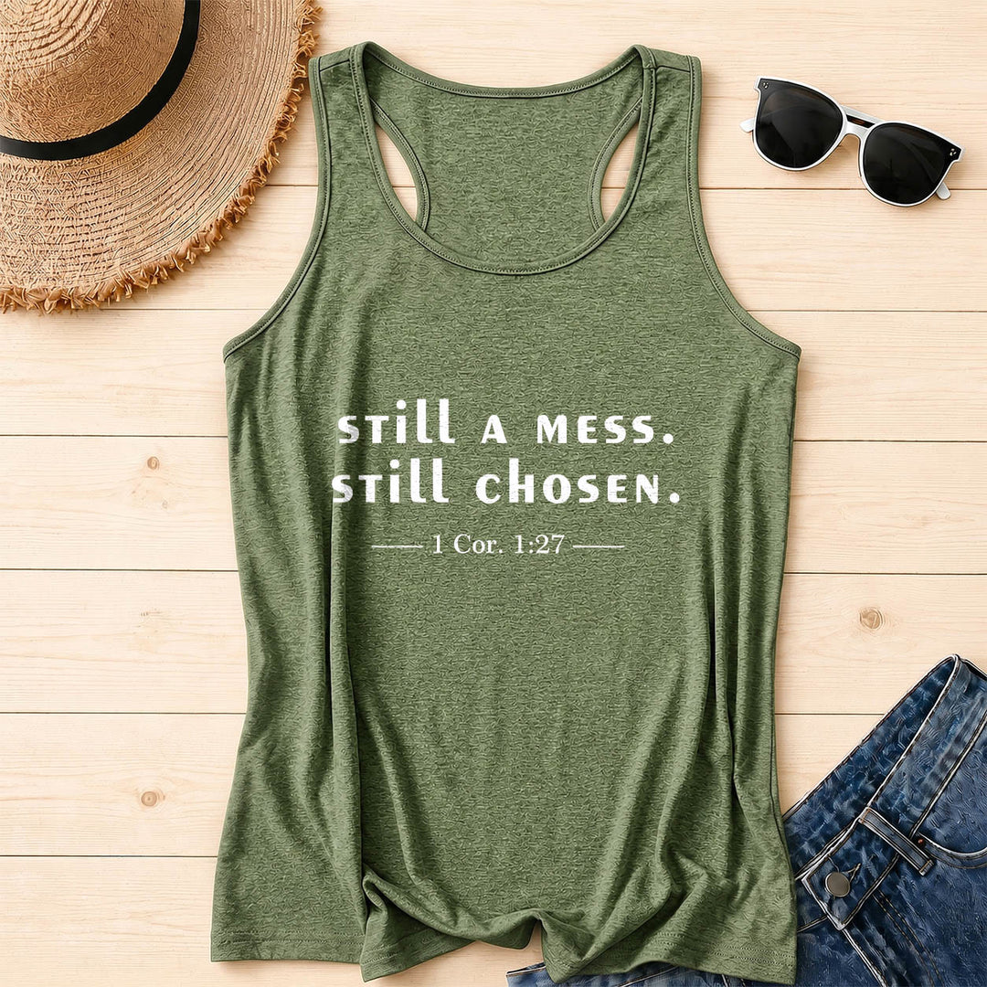 Christianartworkshop Still A Mess Still Chosen Two Line Casual Serif Verse Citation 1 Cor.1:27 Front Print Racerback Tank Top - Olive Green - 2XL - image 16