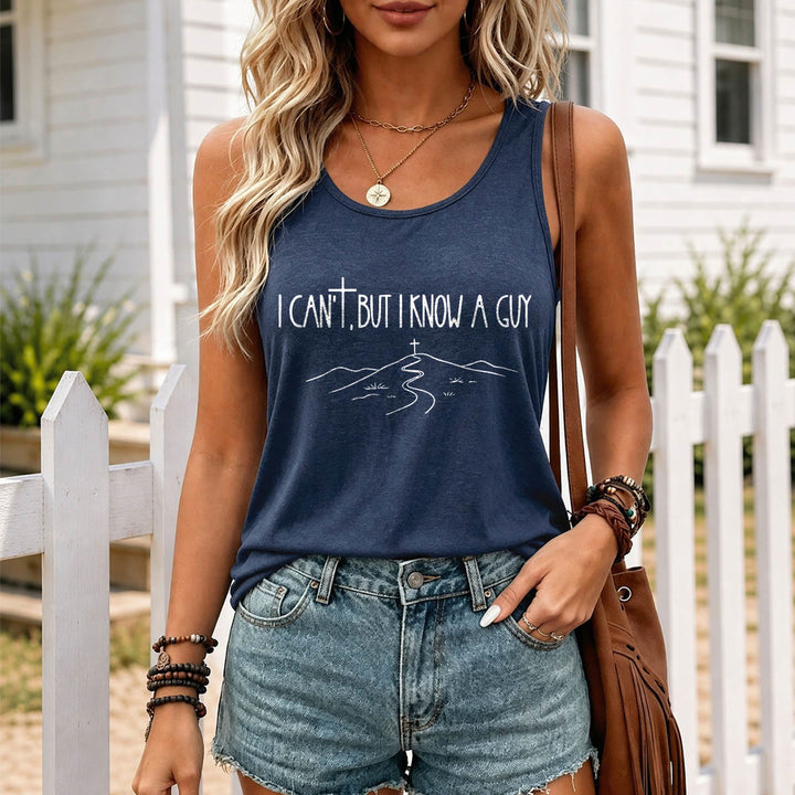 Christianartworkshop I Can't But I Know A Guy Handwritten Font Hill Cross Path Front Print Racerback Tank Top - image 3