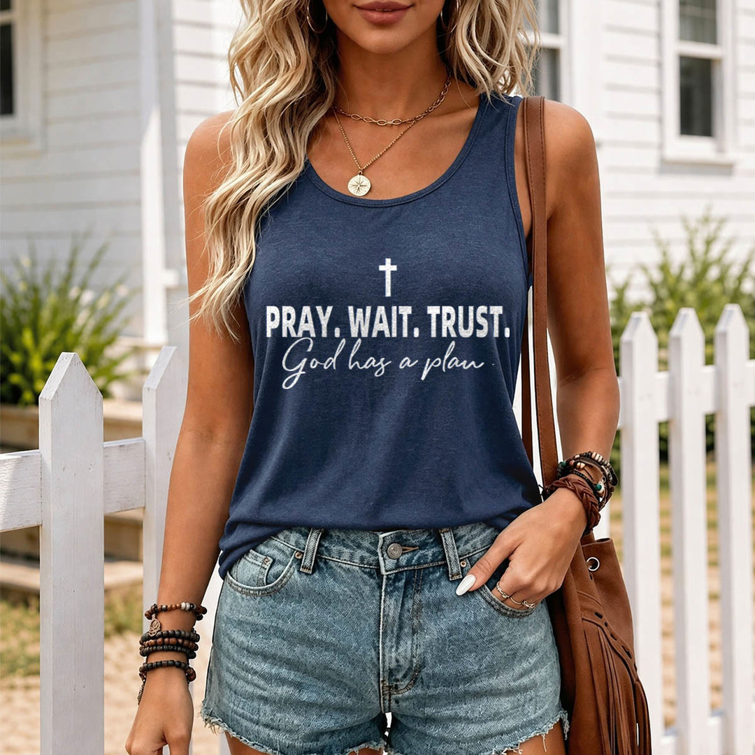 Christianartworkshop Cross PRAY WAIT TRUST Bold Block Font Cursive Subline God Has A Plan Racerback Tank Top - image 5