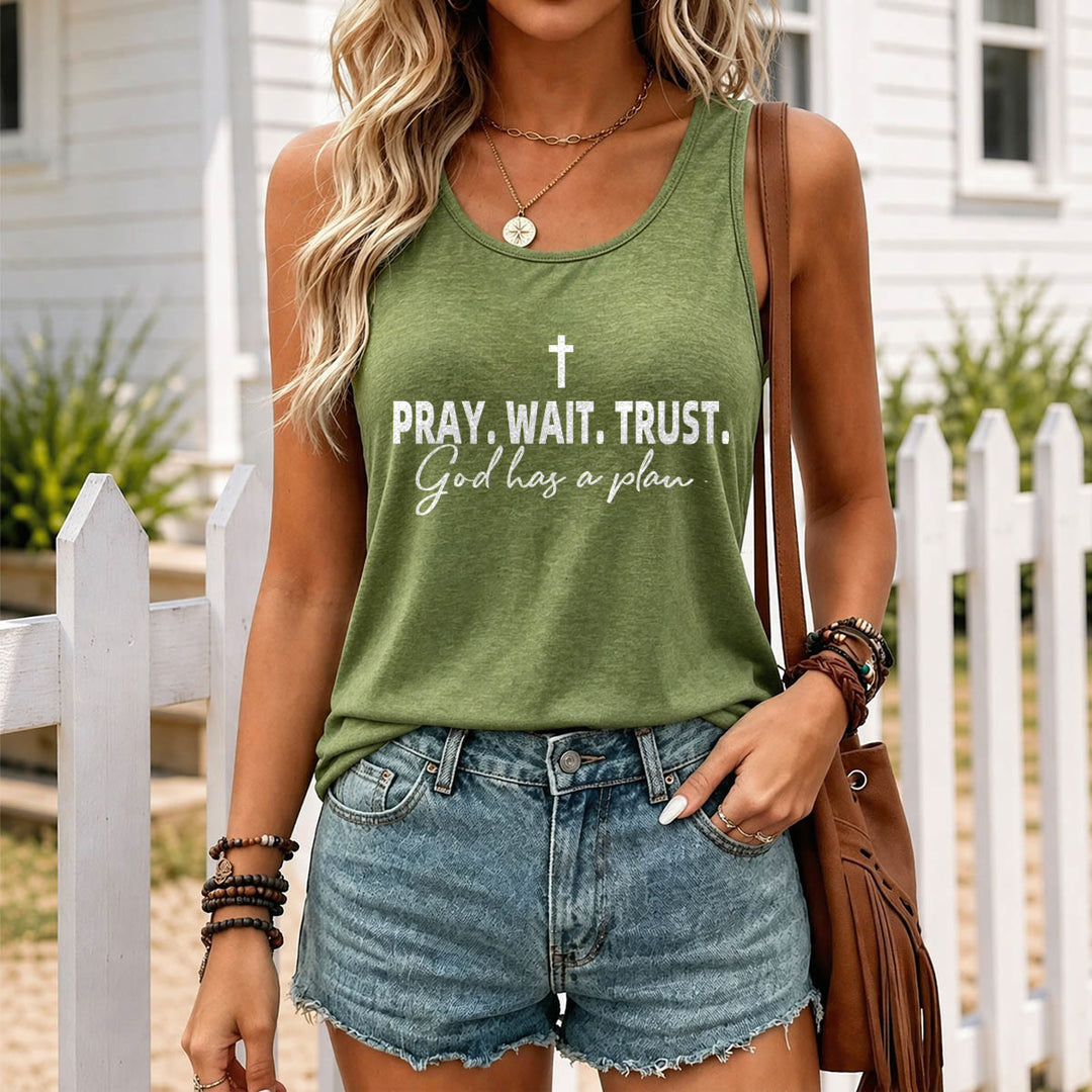Christianartworkshop Cross PRAY WAIT TRUST Bold Block Font Cursive Subline God Has A Plan Racerback Tank Top - image 17