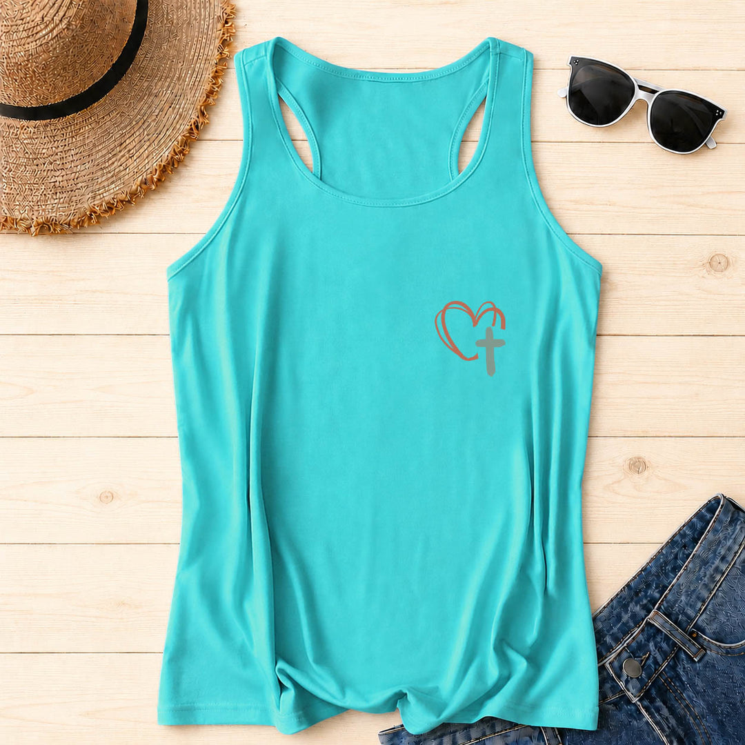 Christianartworkshop Dual Side Print Jesus Has My Back Multi-Tone Cursive Text Sun Accent Cross Heart Graphic Racerback Tank Top - image 26