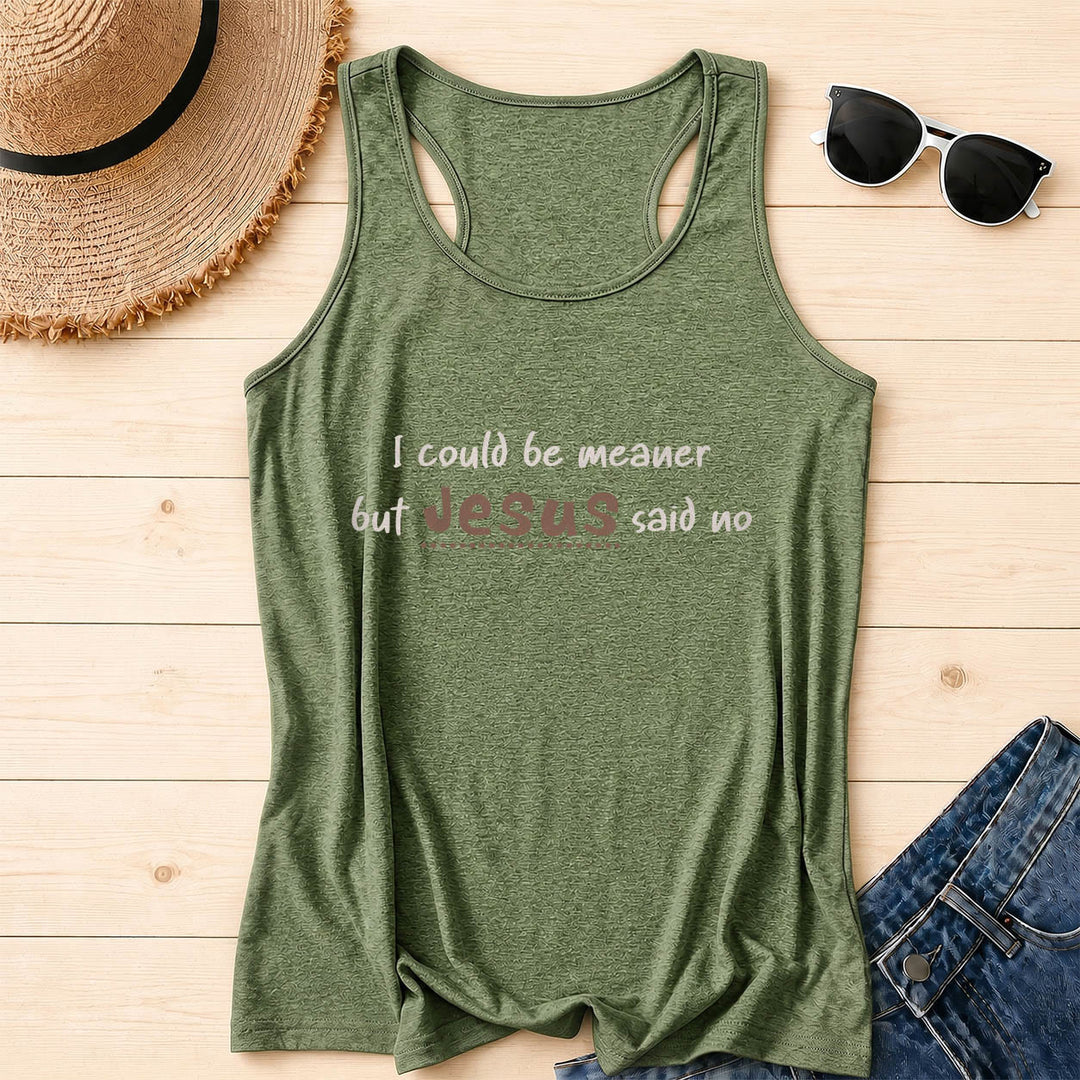 Christianartworkshop I Could Be Meaner But Jesus Said No Contrast Front Print Racerback Tank Top - Olive Green - 2XL - image 16